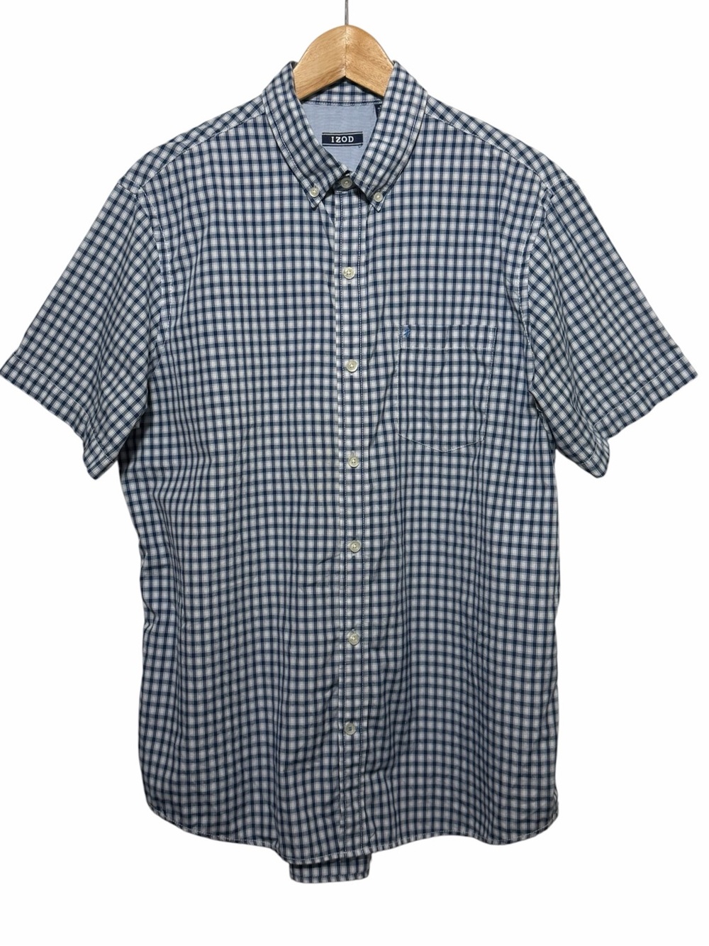 IZOD Men Blue White Check Short Slv Button Down Shirt Sz L Pocket Casual Preppy